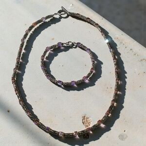 Sterling Silver 925 Purple Crystal Cube Necklace Bracelet Set Toggle AB Beads